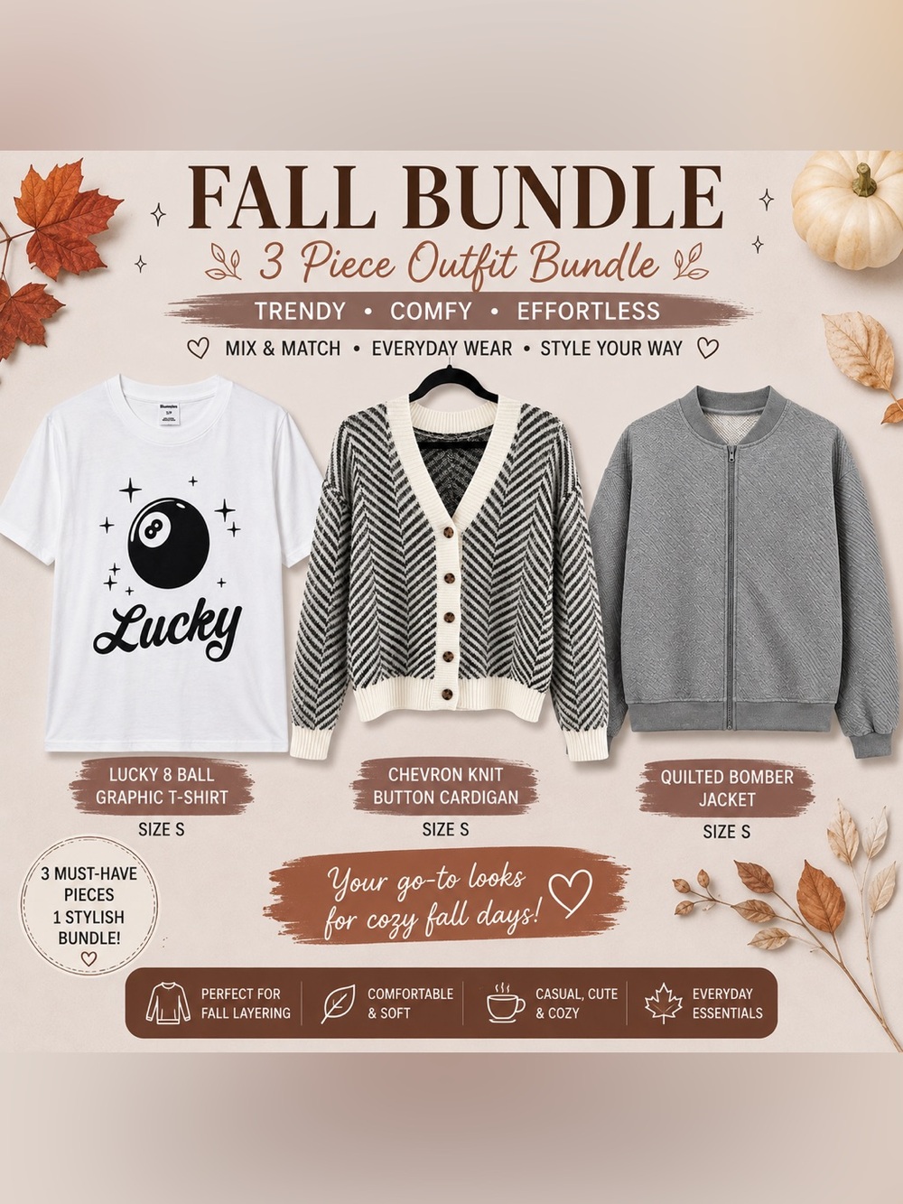 Fall Outfit Bundle Lucky Tee Cardigan Bomber Jacket Size Small